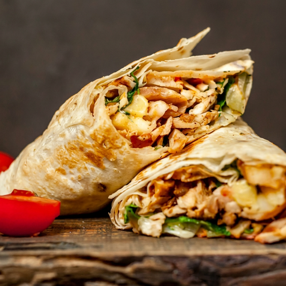 Two grilled chicken wraps filled with vegetables sit on a rustic wooden table with tomatoes and red peppers.