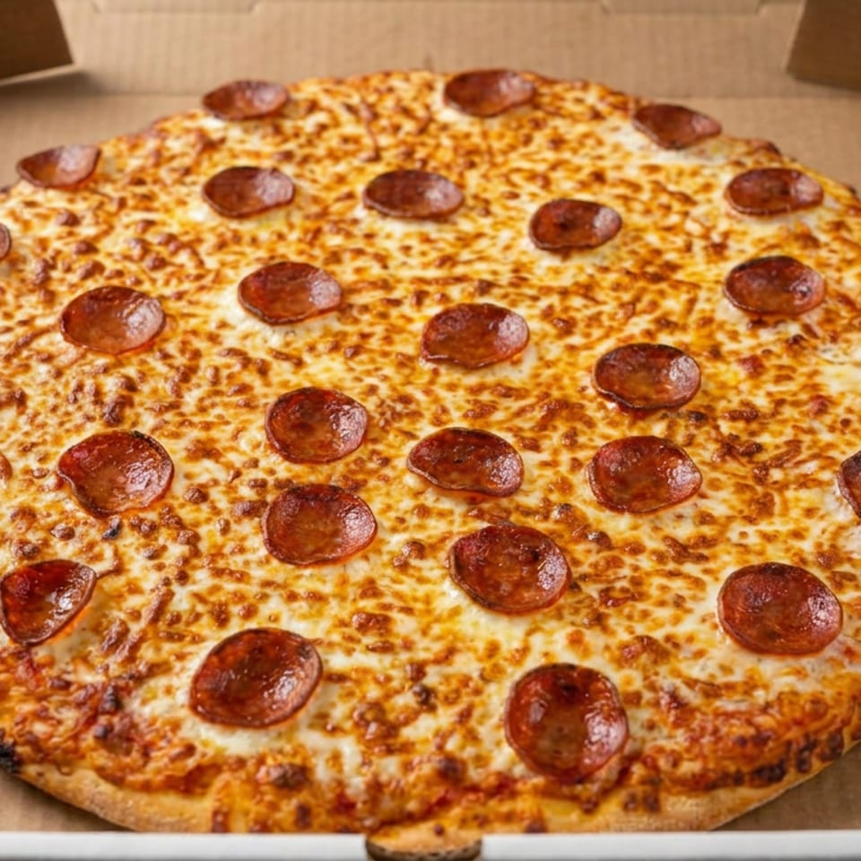 Pepperoni pizza with browned melted cheese in an open cardboard delivery box on a wooden table.