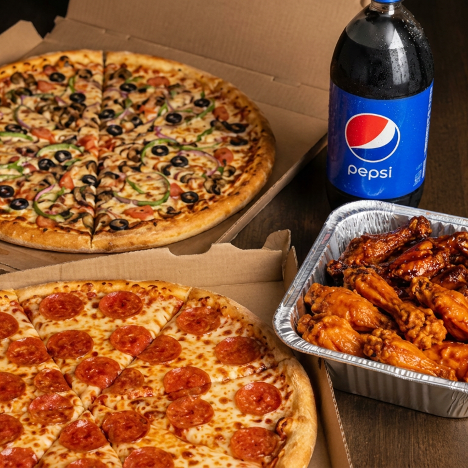 Two pizzas, one pepperoni and one topped with vegetables and olives, sit beside saucy chicken wings and a Pepsi bottle.