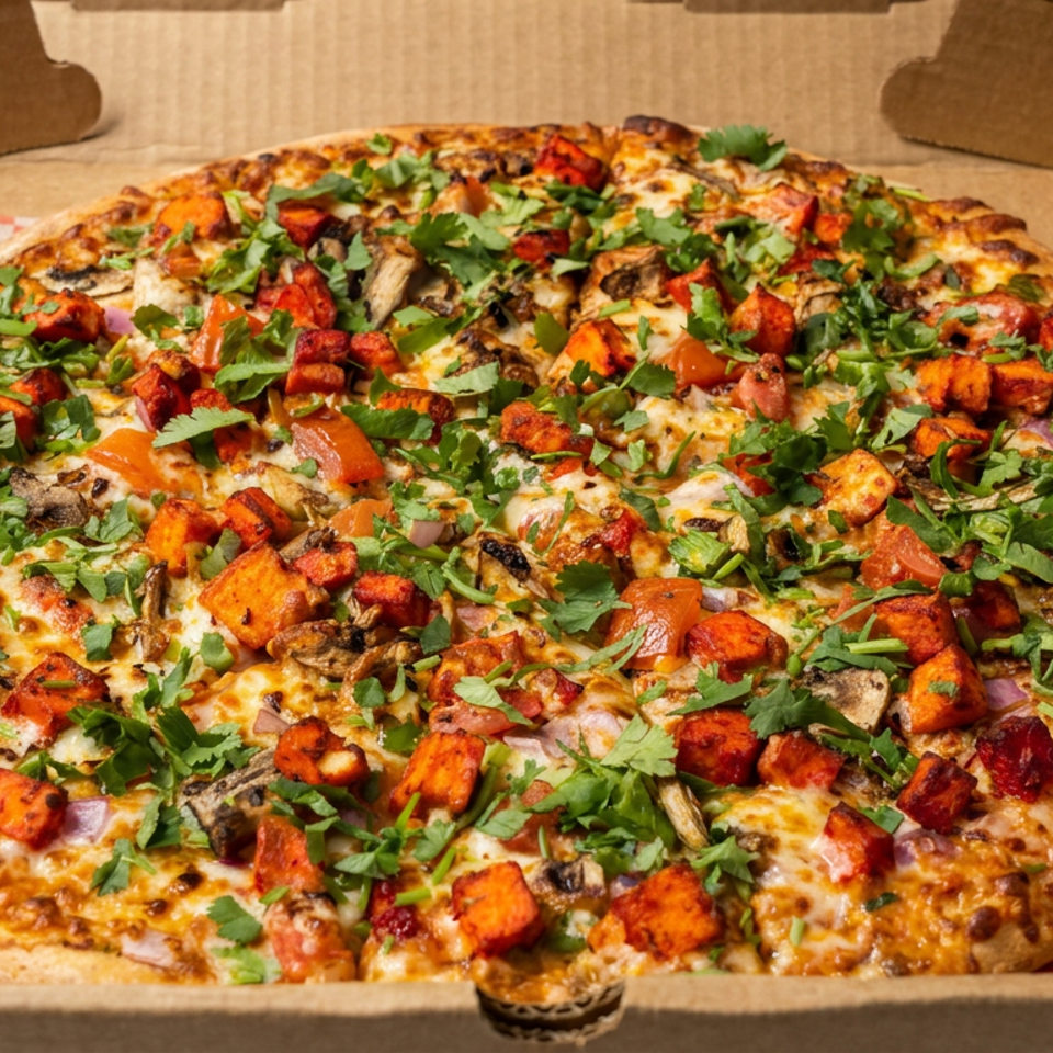 Large vegetarian pizza topped with roasted vegetables, mushrooms, melted cheese, and fresh cilantro in a cardboard box.
