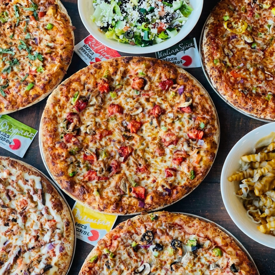 Overhead view of five topped pizzas, a green salad, and crinkle-cut fries arranged on a dark wooden table.