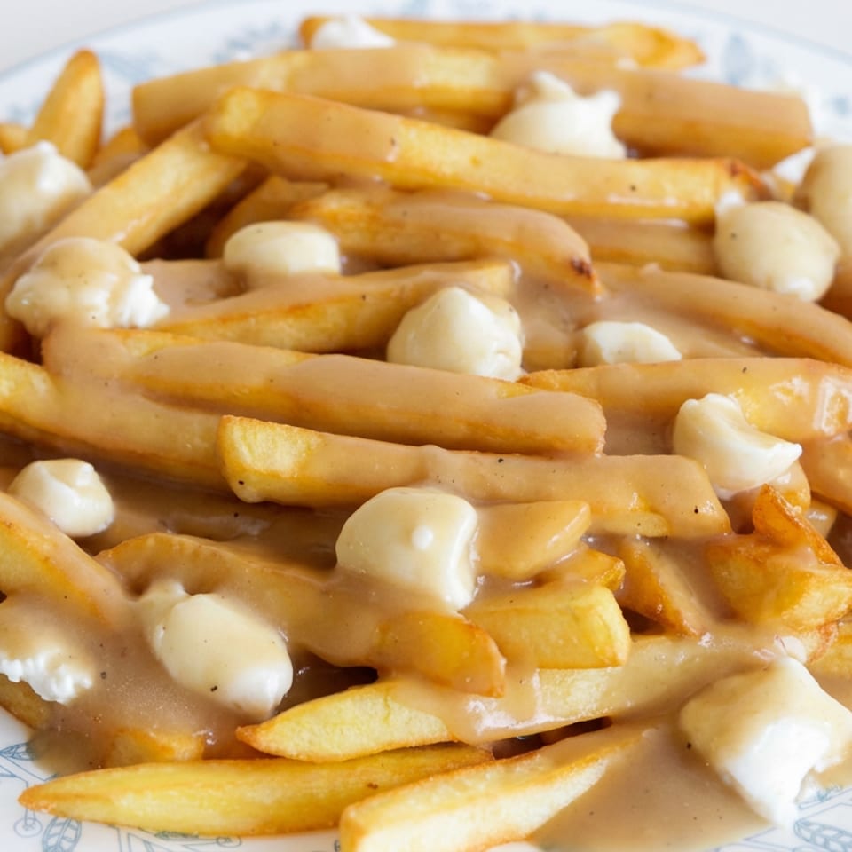 Golden French fries topped with brown gravy and white cheese curds on a decorative plate.