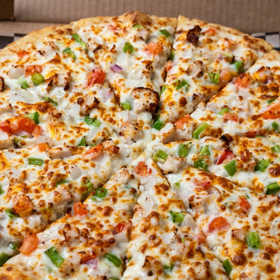 Cheesy chicken pizza topped with green peppers, tomatoes, onions, and herbs in a cardboard delivery box.