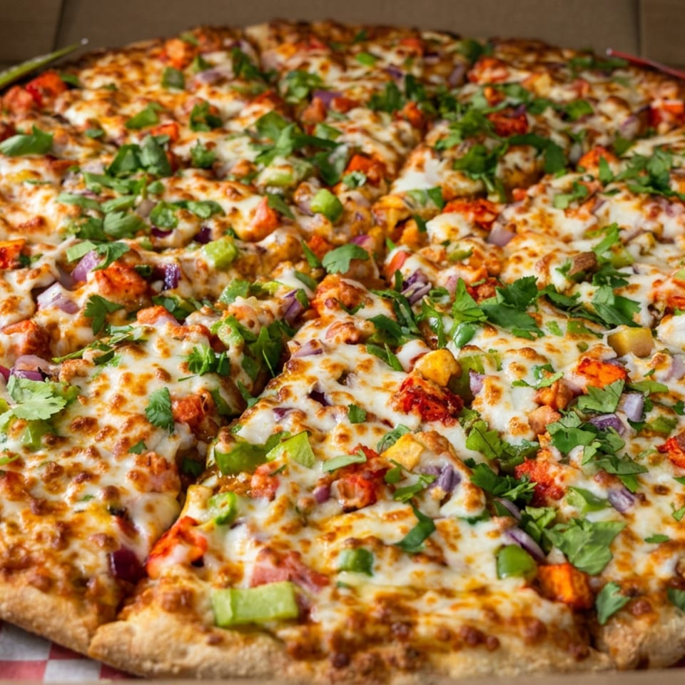 Large cheesy pizza topped with grilled chicken, peppers, onions, and fresh cilantro in an open cardboard box.