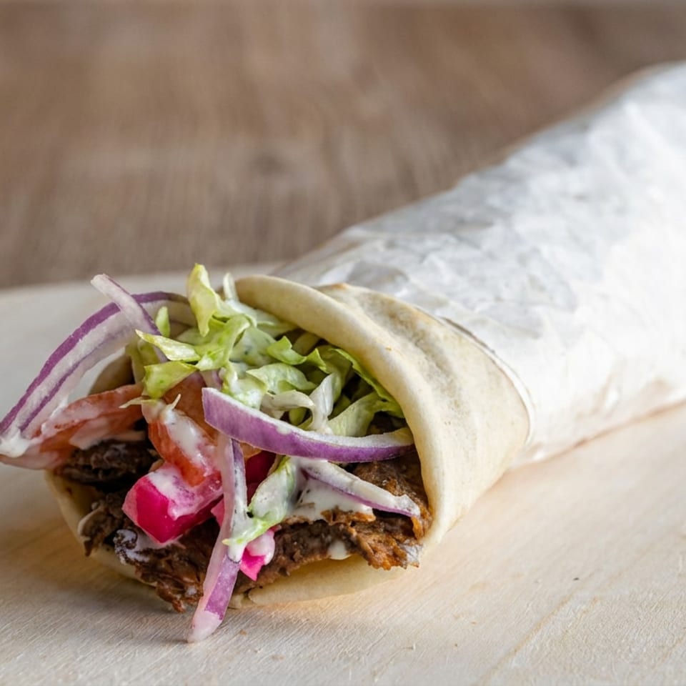 A stuffed wrap with grilled meat, lettuce, tomatoes, red onions, radishes, and sauce rests on a wooden board.