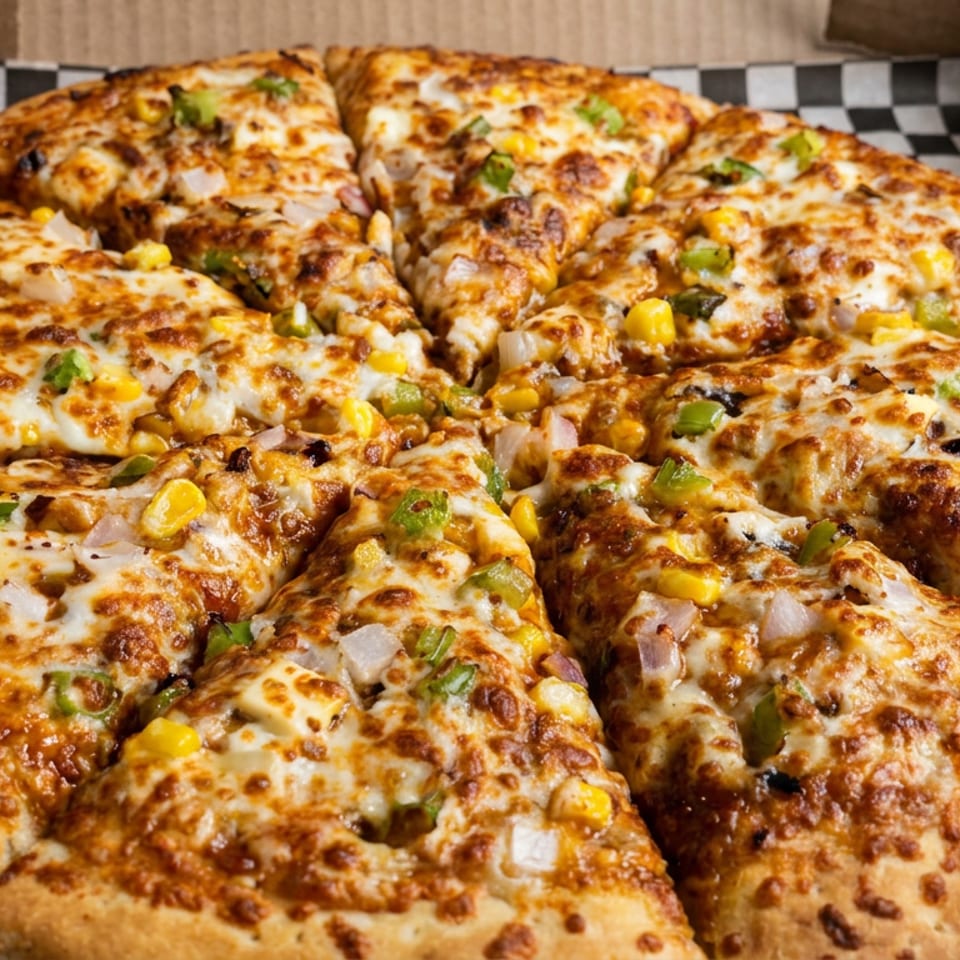Large round pizza topped with melted cheese, corn, green peppers, onions, and browned sauce, sliced in a cardboard box.
