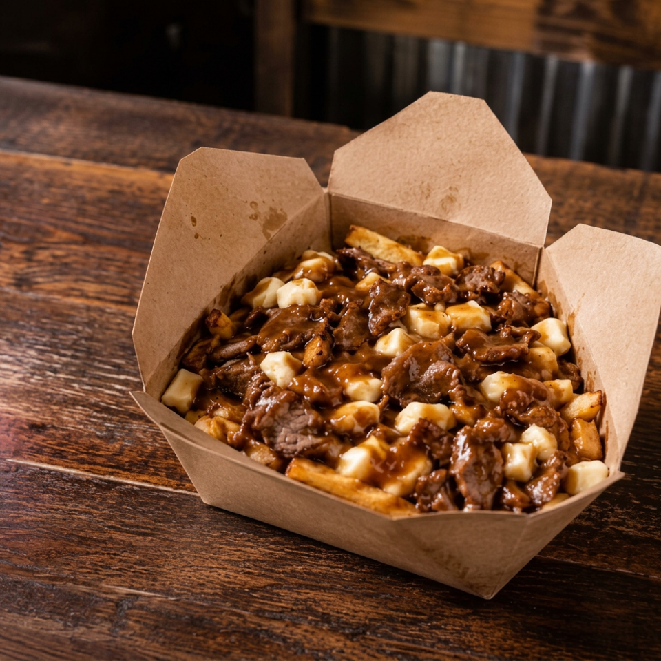 Takeout container of fries topped with cheese curds and beef gravy on a wooden table.